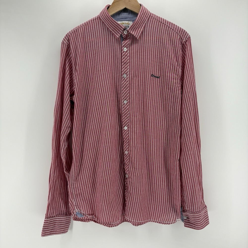 Diesel Button Down Shirt Red w/White Stripes Size XL
